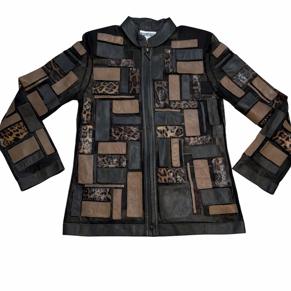 Patchwork Lamb Leather Jacket - Black and Brown